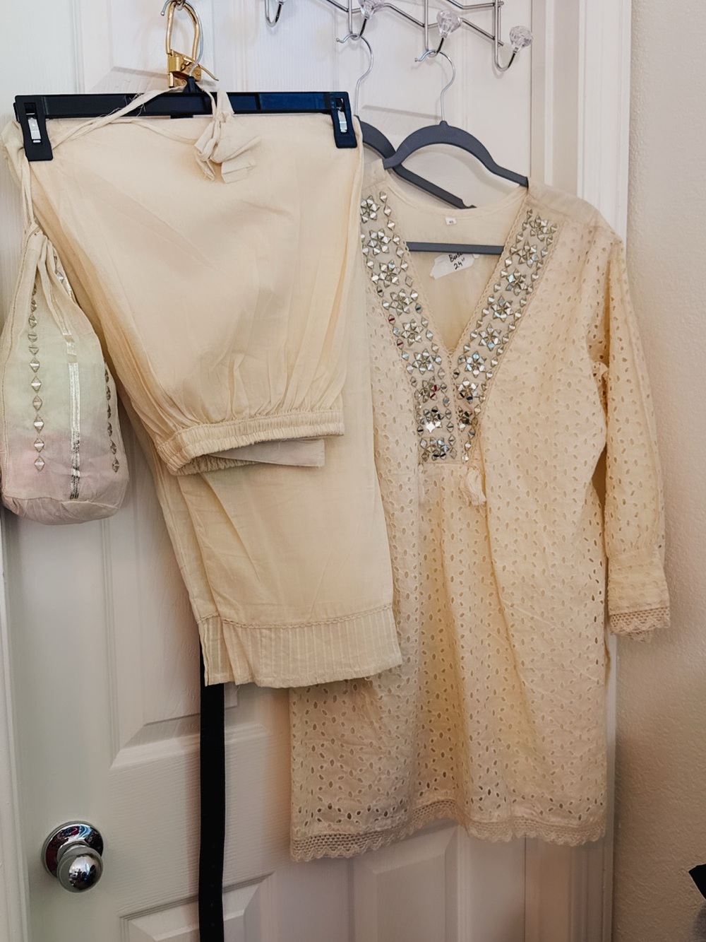 Embellished Cream Eyelet Tunic with Matching Pants and pouch